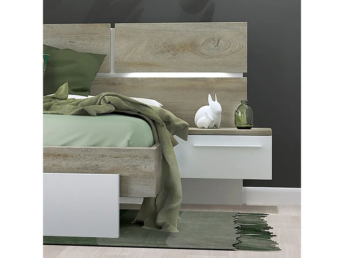 NINO LIGHT - Lit 160x200cm Effet Bois avec Leds + Chevets Suspendus