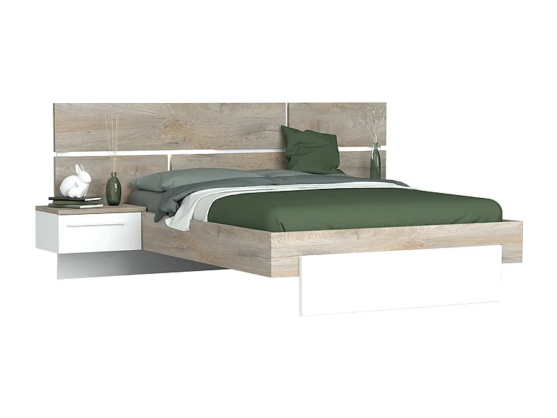 NINO LIGHT - Lit 140x190cm Effet Bois avec Leds + Chevets Suspendus