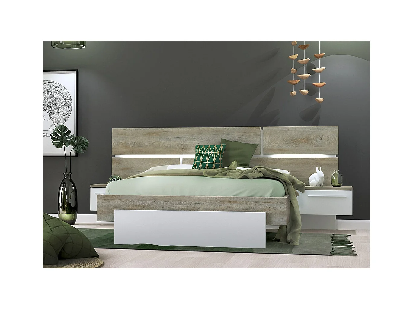 NINO LIGHT - Lit 140x190cm Effet Bois avec Leds + Chevets Suspendus