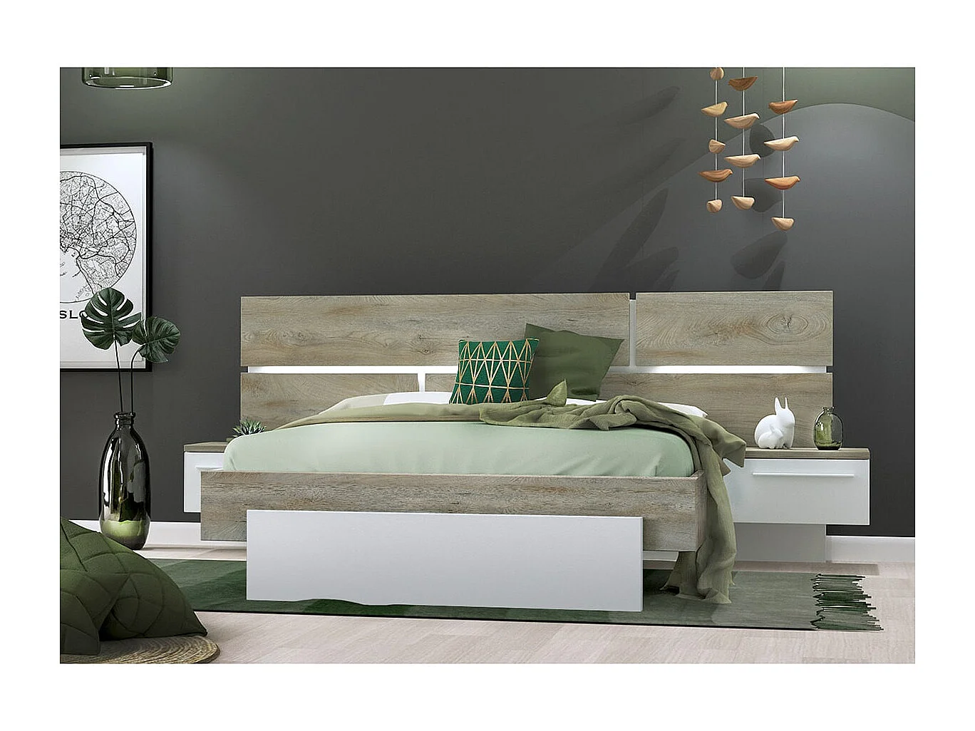 NINO LIGHT - Lit 140x190cm Effet Bois avec Leds + Chevets Suspendus