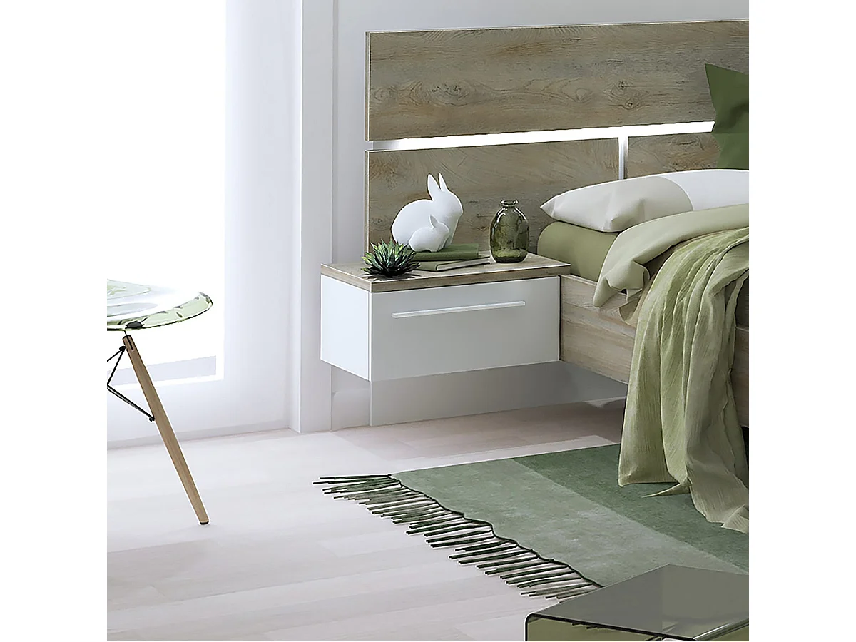 NINO LIGHT - Lit 140x190cm Effet Bois avec Leds + Chevets Suspendus