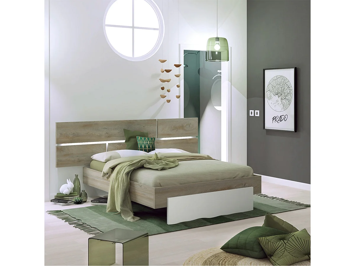 NINO LIGHT - Lit 180x200cm Blanc et Effet Bois Clair avec Leds