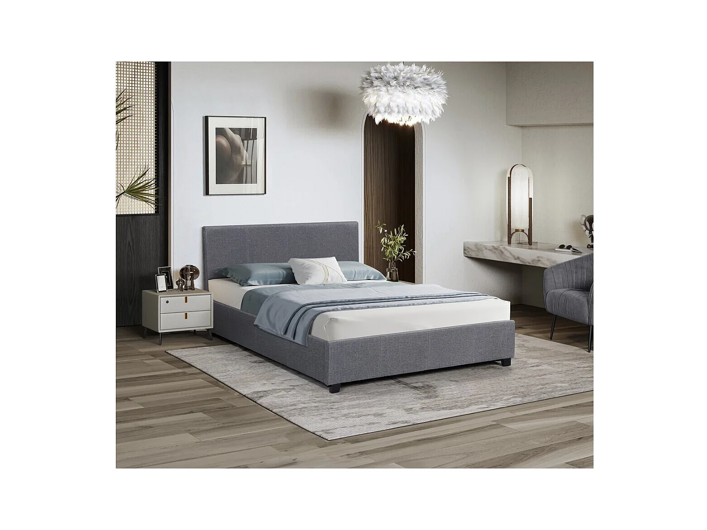Cama de casal com baú "Carla" - 160 x 200 - Cinza, estrado e cabeceira incluídos