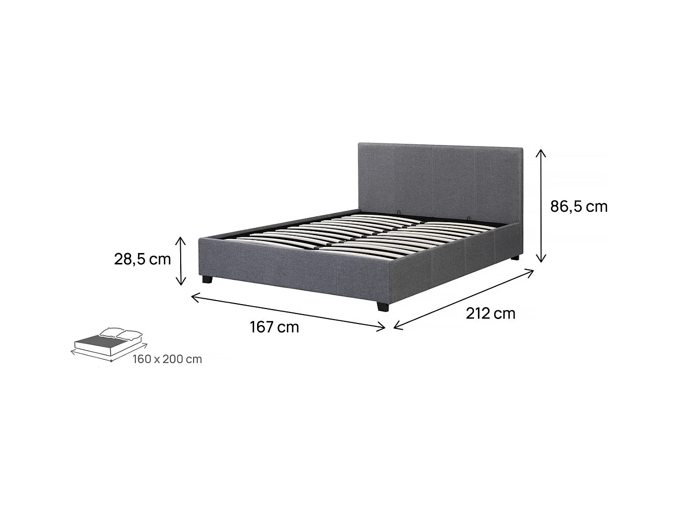 Cama de casal com baú "Carla" - 160 x 200 - Cinza, estrado e cabeceira incluídos