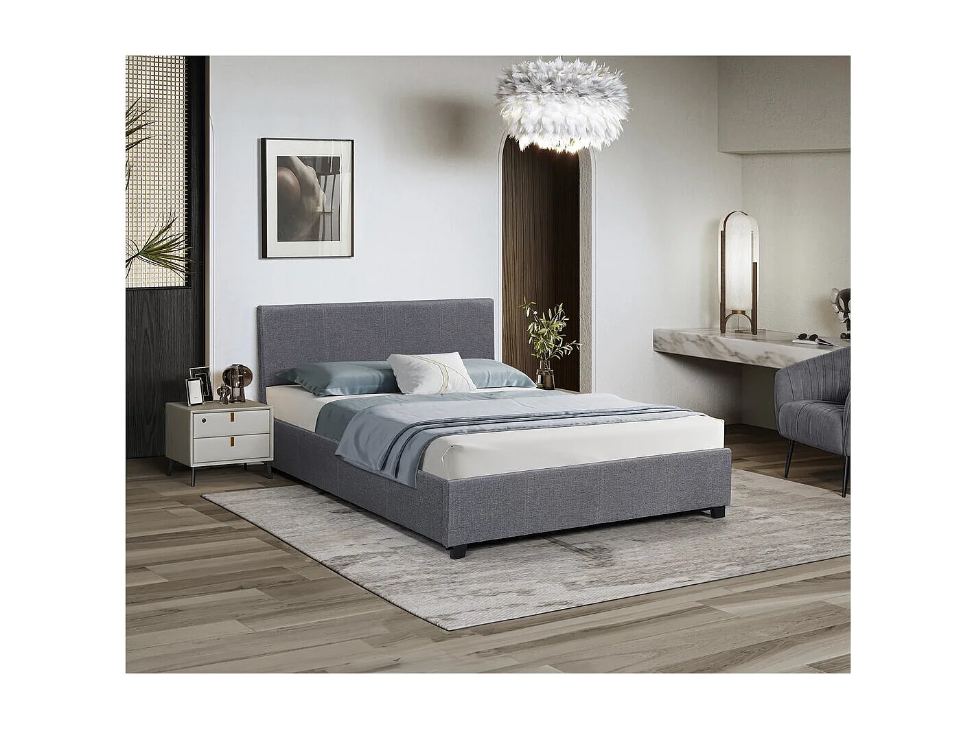 Cama de casal com baú "Carla" - 160 x 200 - Cinza, estrado e cabeceira incluídos