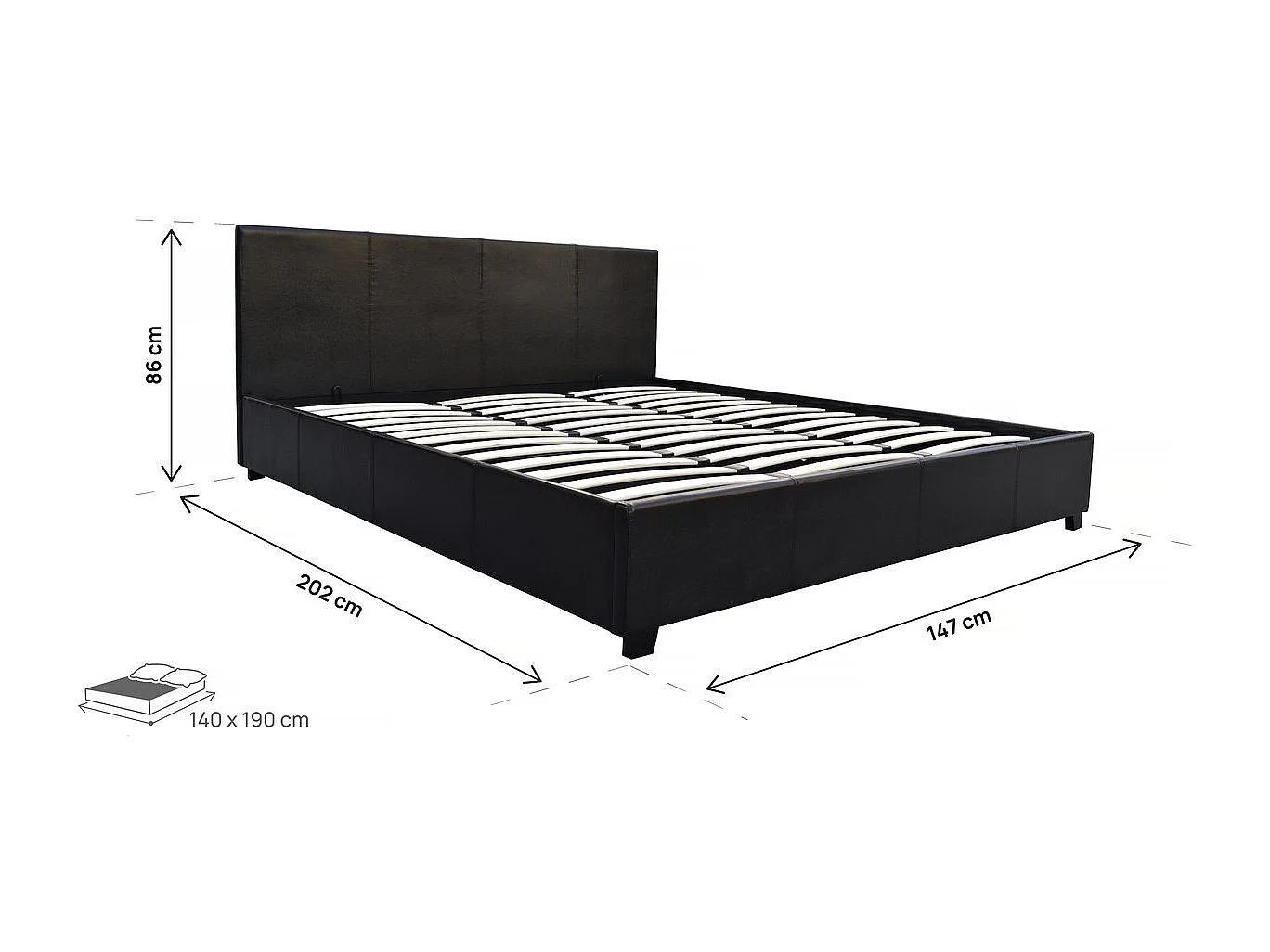 Tweepersoonsbed met opbergruimte "Carla" van zwart PVC 140x190 cm