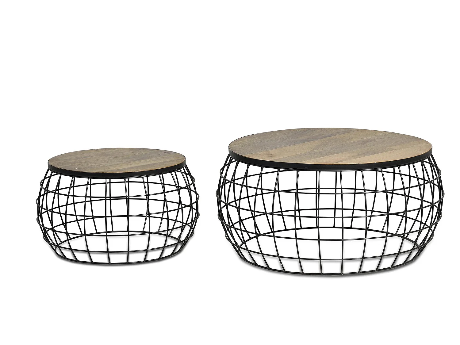 Tables basses en bois de manguier, grande (76 cm) et petite (58 cm), style industriel vintage - 36 x 76 x 76 cm
