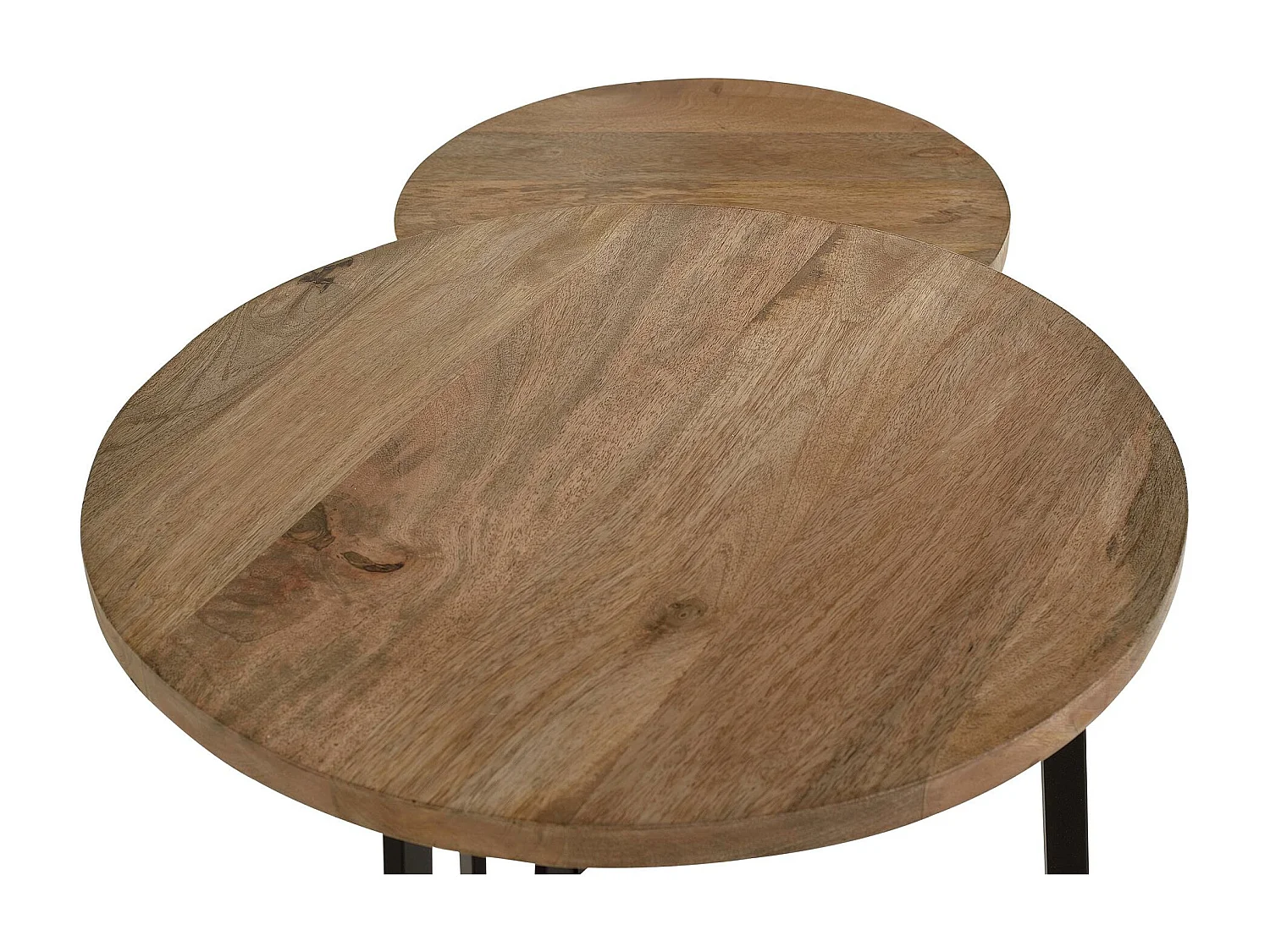 Kavel van 2 tafels in manguierhout en zwart metaal