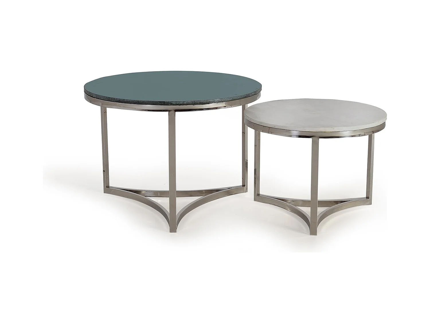 Conjunto de 2 mesas em aço inox e tampos em mármore 0x0x0