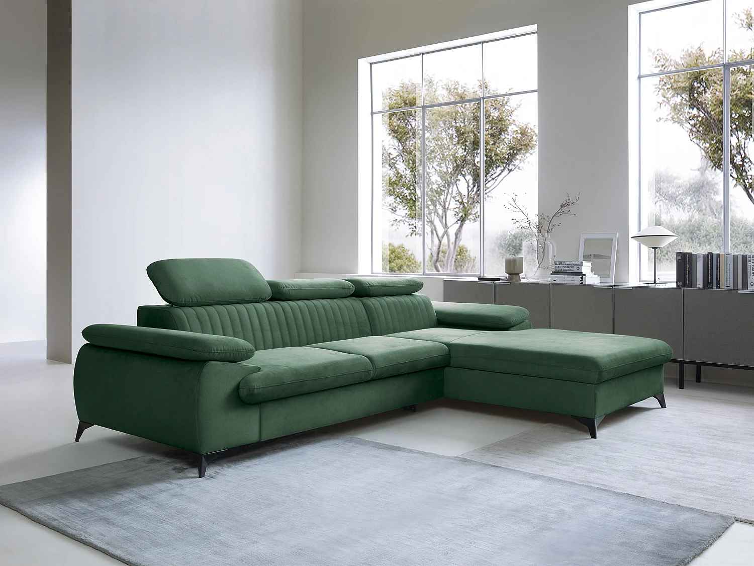 Canapé d'angle droit convertible en velours vert SAMARA de Pascal Morabito