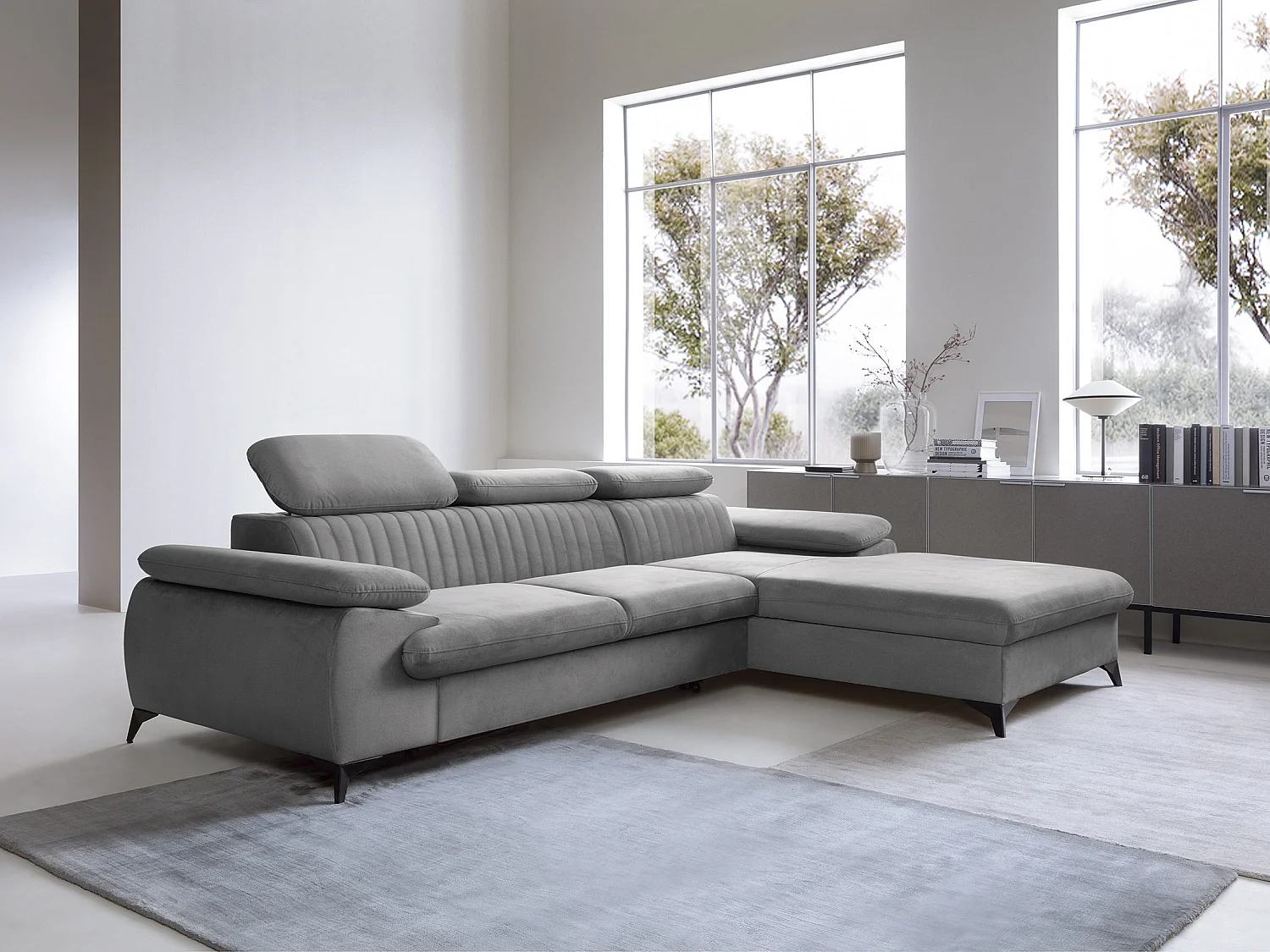 Canapé d'angle droit convertible en velours gris clair SAMARA de Pascal Morabito