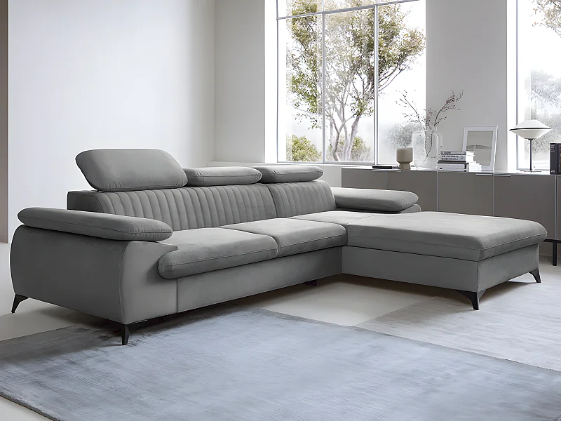 Canapé d'angle droit convertible en velours gris clair SAMARA de Pascal Morabito