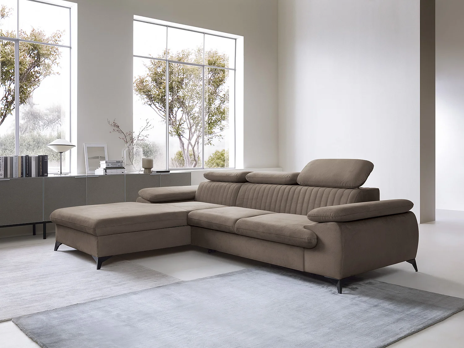 Canapé d'angle gauche convertible en velours taupe SAMARA de Pascal Morabito