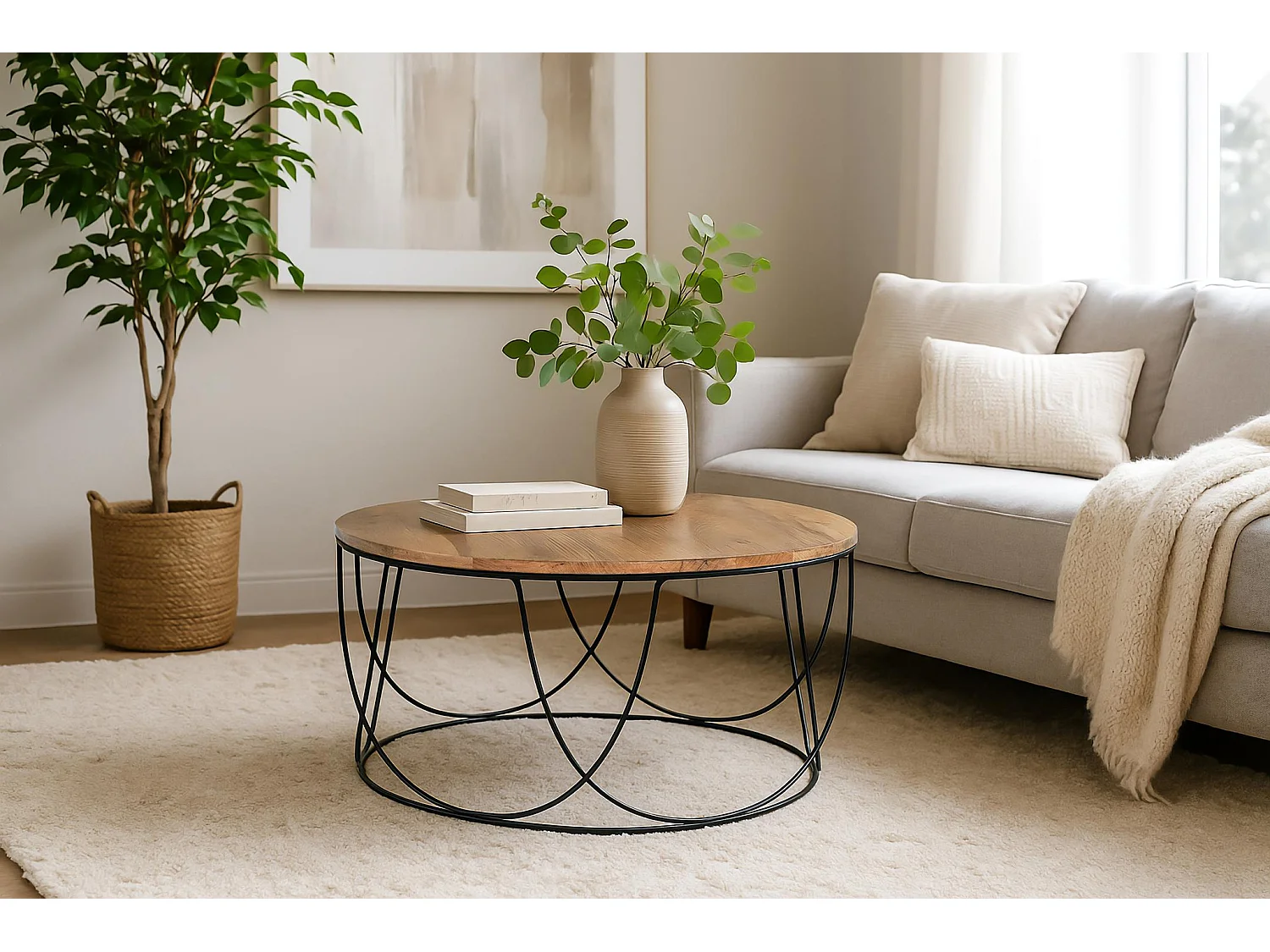 Tables basses en bois de manguier 80 cm, style industriel vintage - 41 x 80 x 80 cm