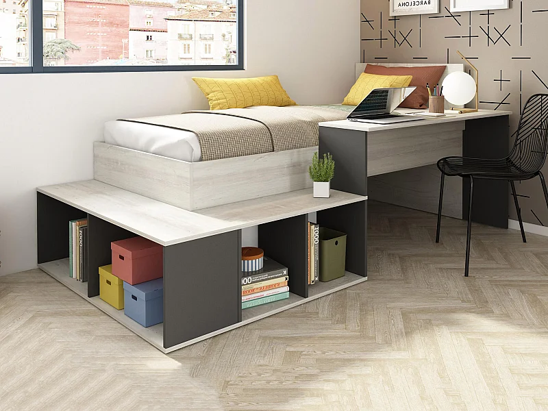 Lit combiné 90 x 200 cm avec rangements et bureau - Coloris : Naturel et anthracite - RIGALI
