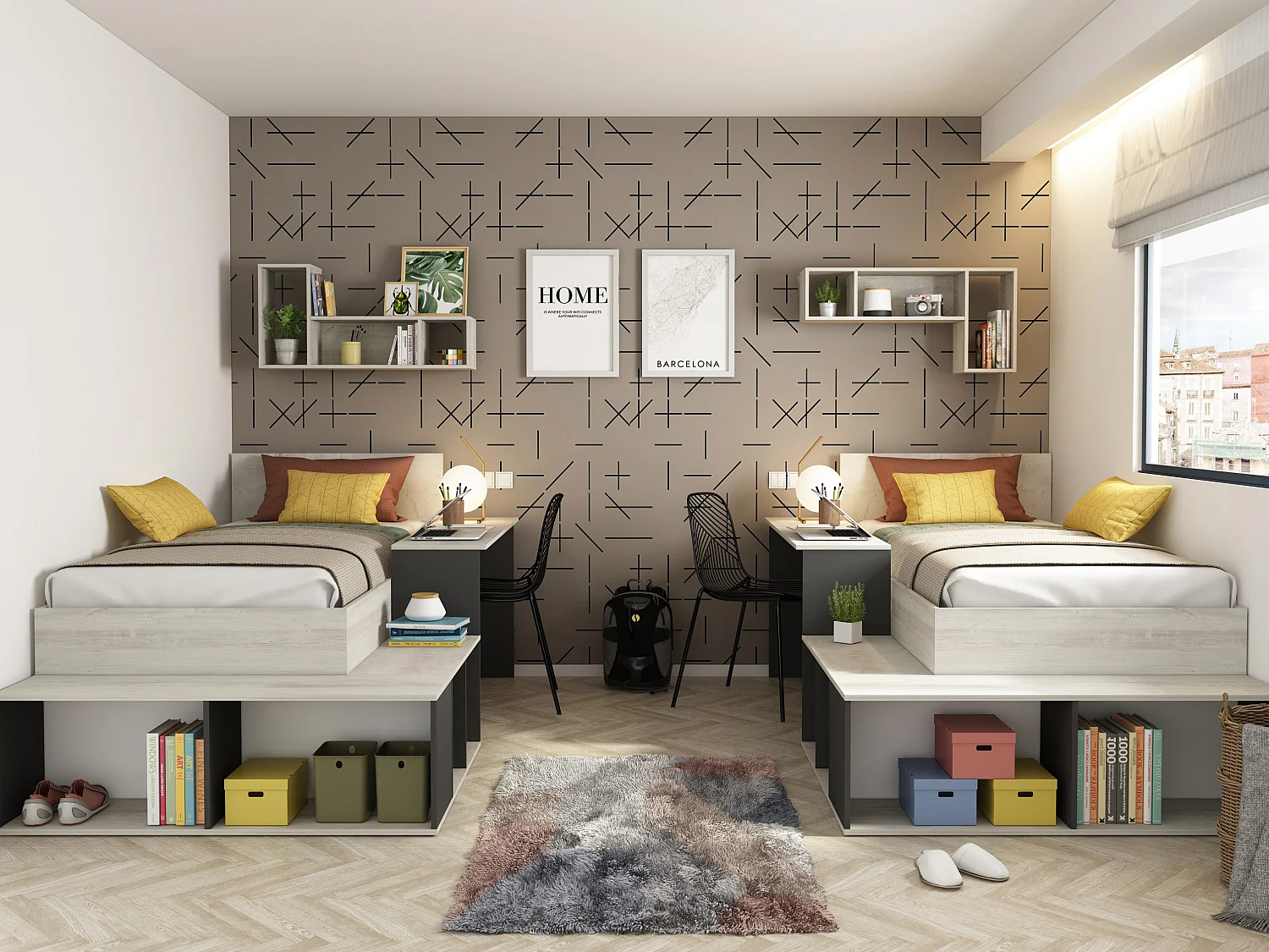 Lit combiné 90 x 200 cm avec rangements et bureau - Coloris : Naturel et anthracite - RIGALI