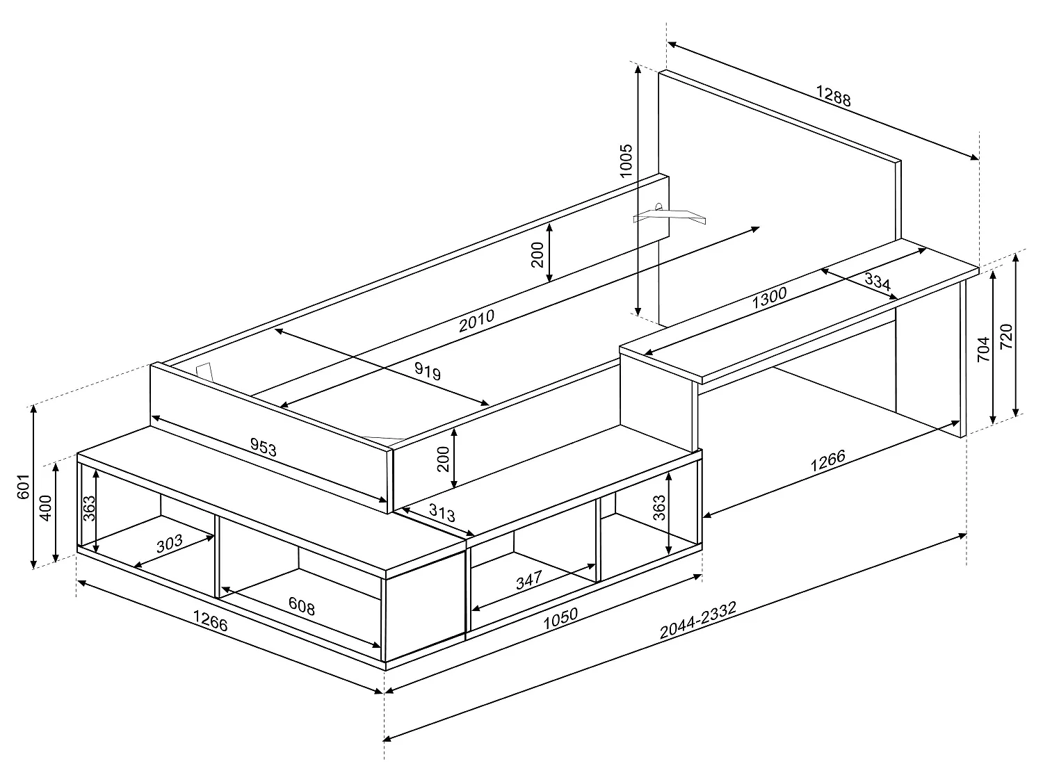 Lit combiné 90 x 200 cm avec rangements et bureau - Coloris : Naturel et anthracite - RIGALI
