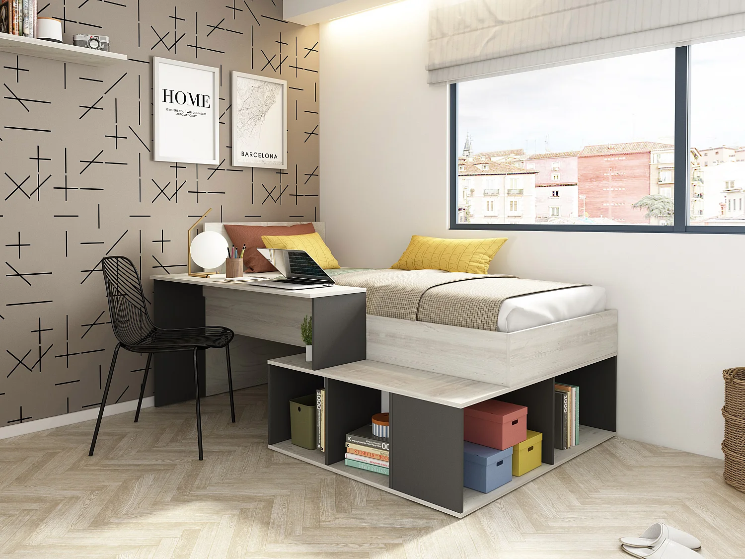 Cama 90 x 200 cm con compartimentos y escritorio - Color: natural y antracita - RIGALI