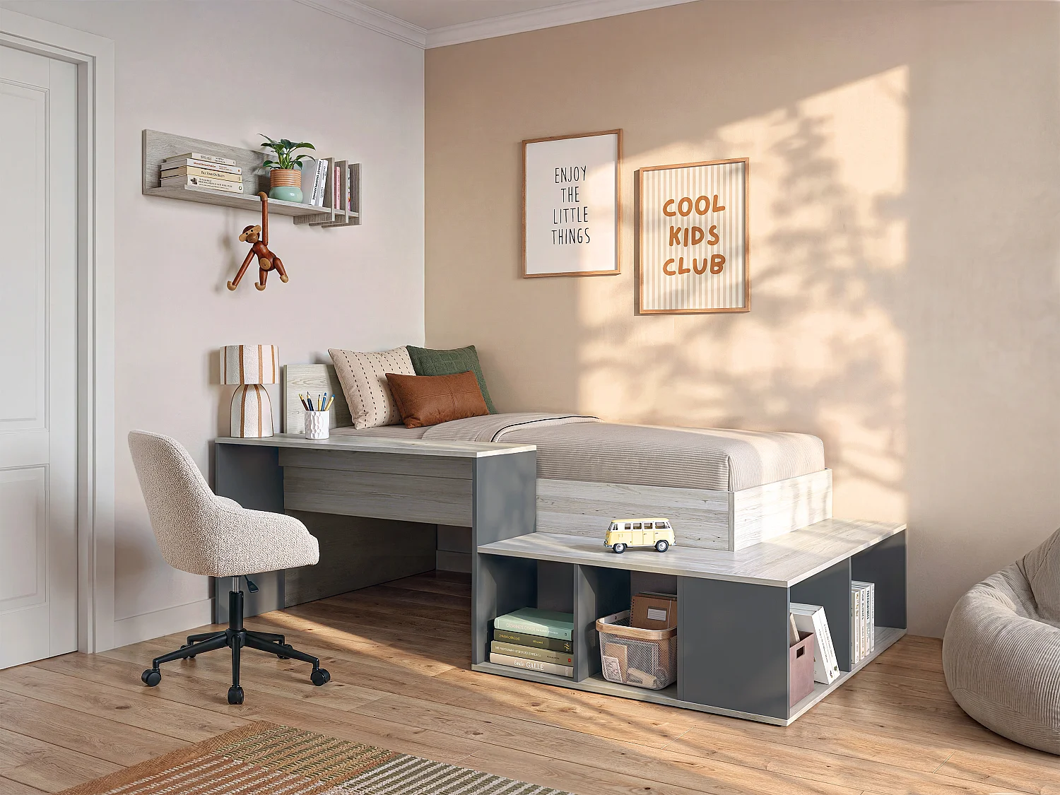 Cama 90 x 200 cm con compartimentos y escritorio - Color: natural y antracita - RIGALI