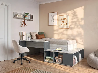 Hoogslaper 90 x 200 cm met opbergruimte en bureau - Kleur: naturel en antraciet - RIGALI