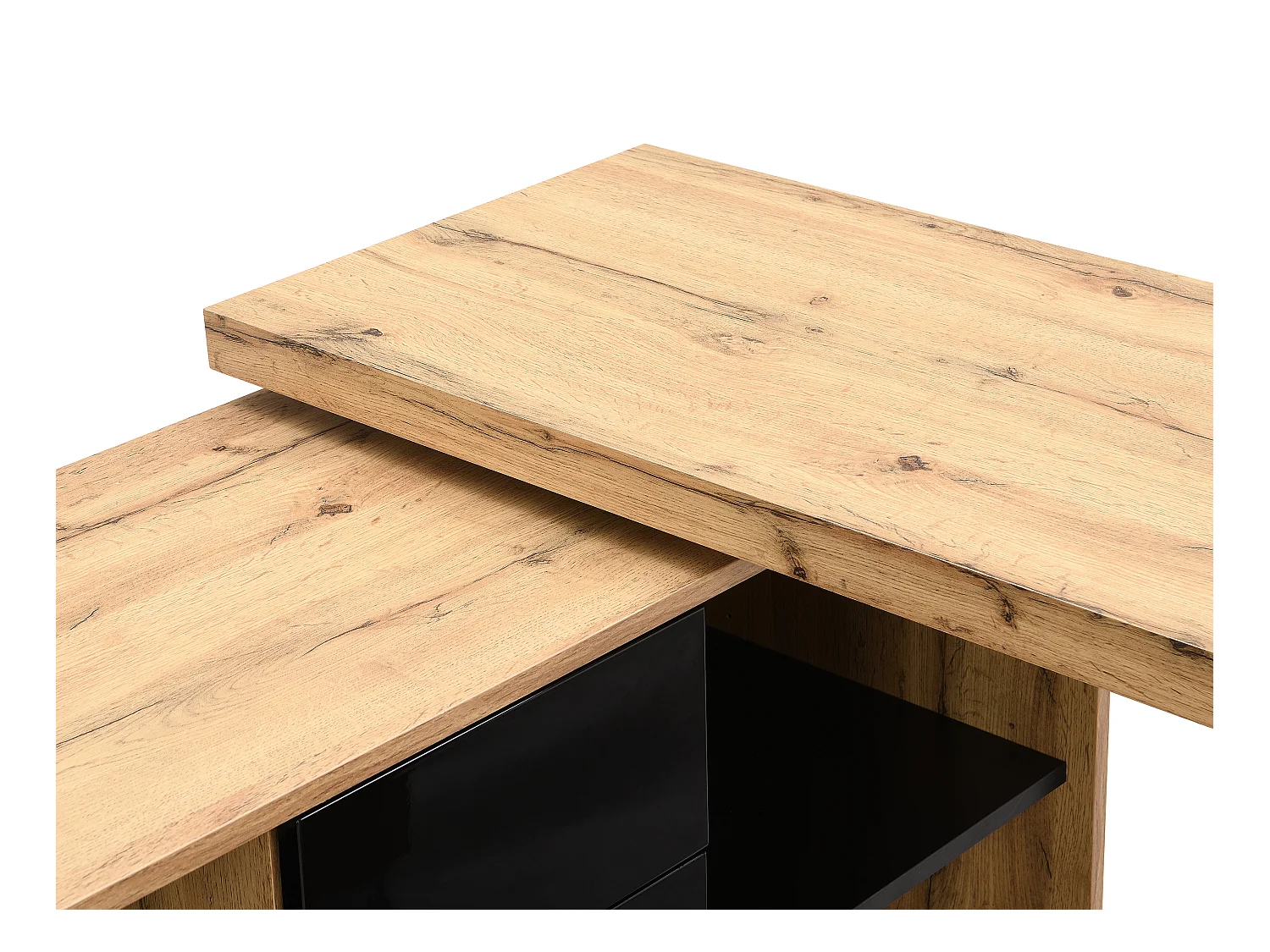 Uitschuifbaar bureau met draaibaar blad in 360° - Mdf - Naturel en zwart - PAVELO