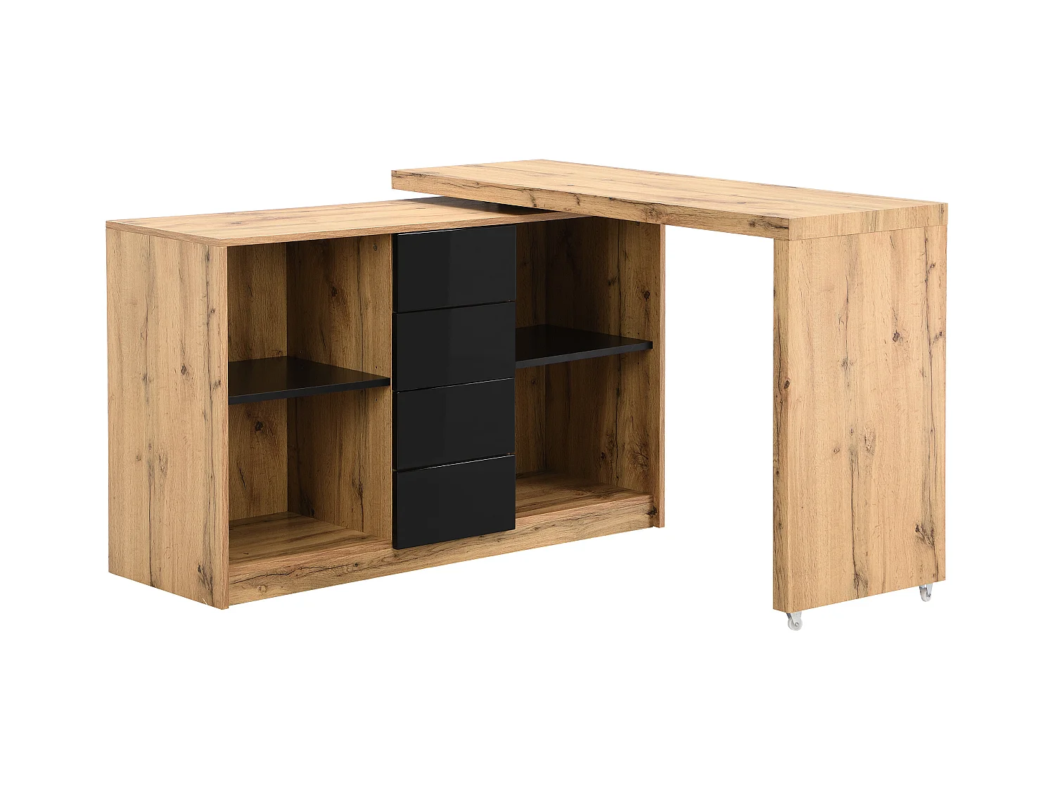 Uitschuifbaar bureau met draaibaar blad in 360° - Mdf - Naturel en zwart - PAVELO