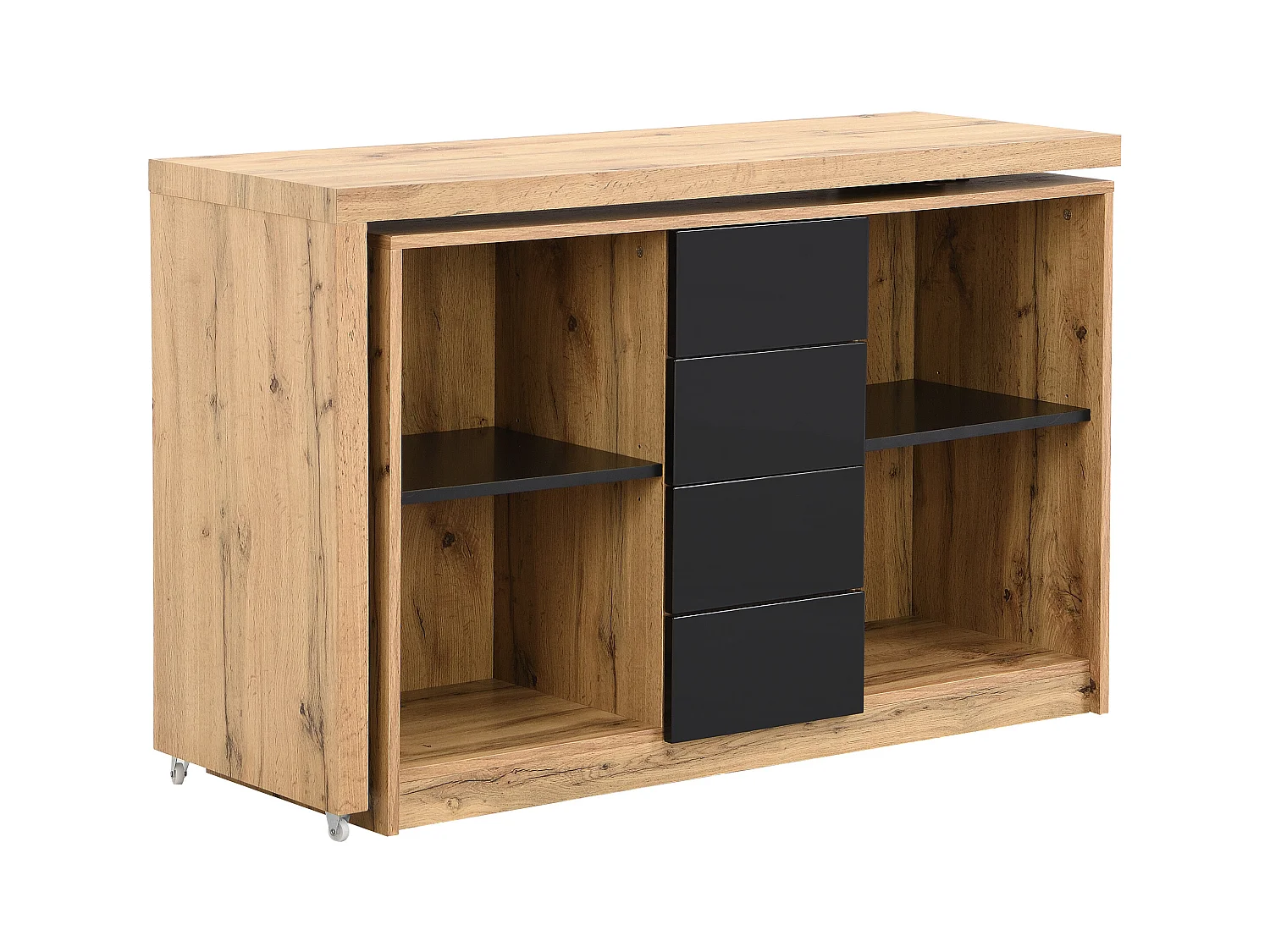 Uitschuifbaar bureau met draaibaar blad in 360° - Mdf - Naturel en zwart - PAVELO