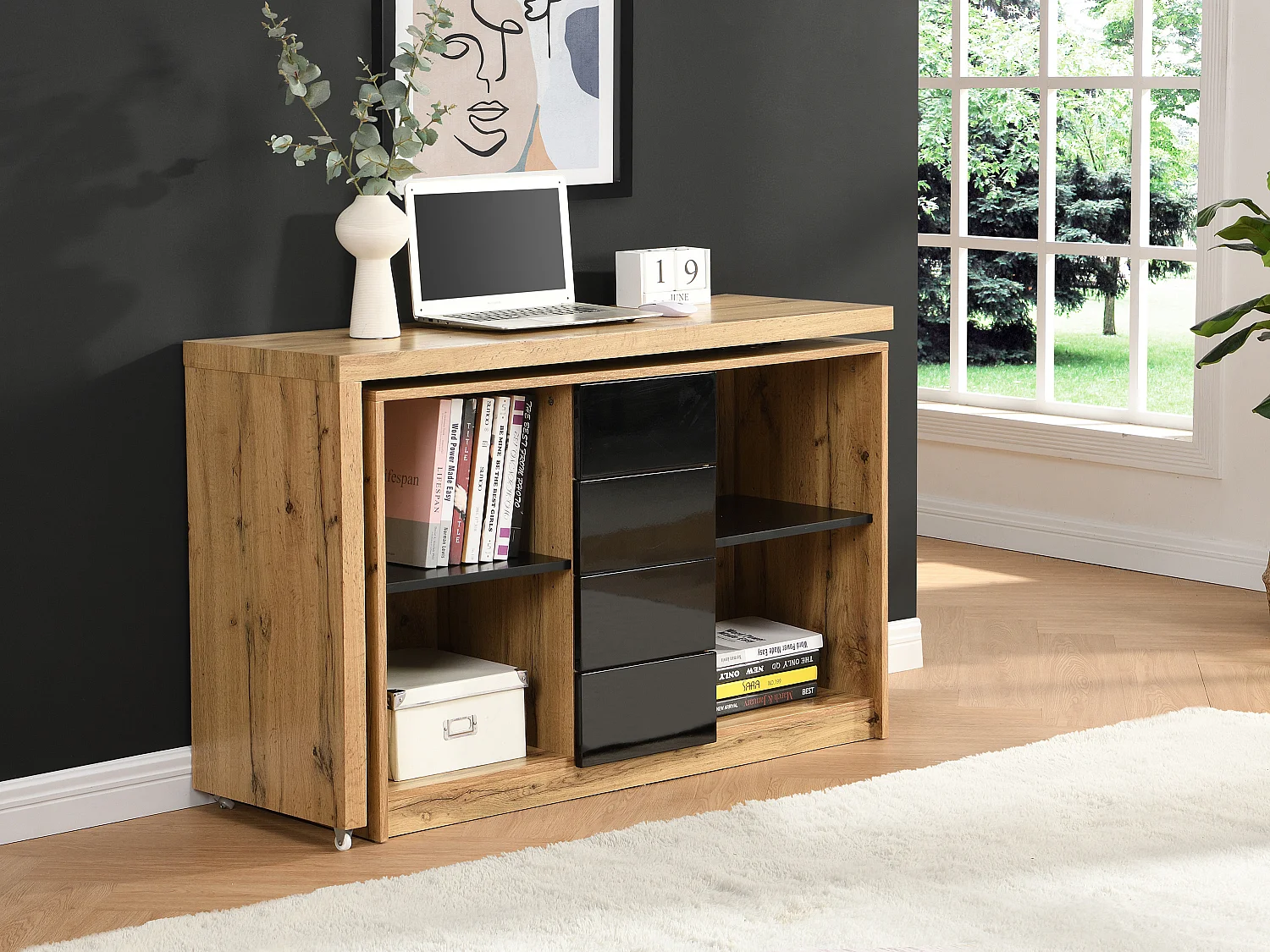 Bureau extensible avec plateau pivotant 360° - MDF - Naturel et noir - PAVELO