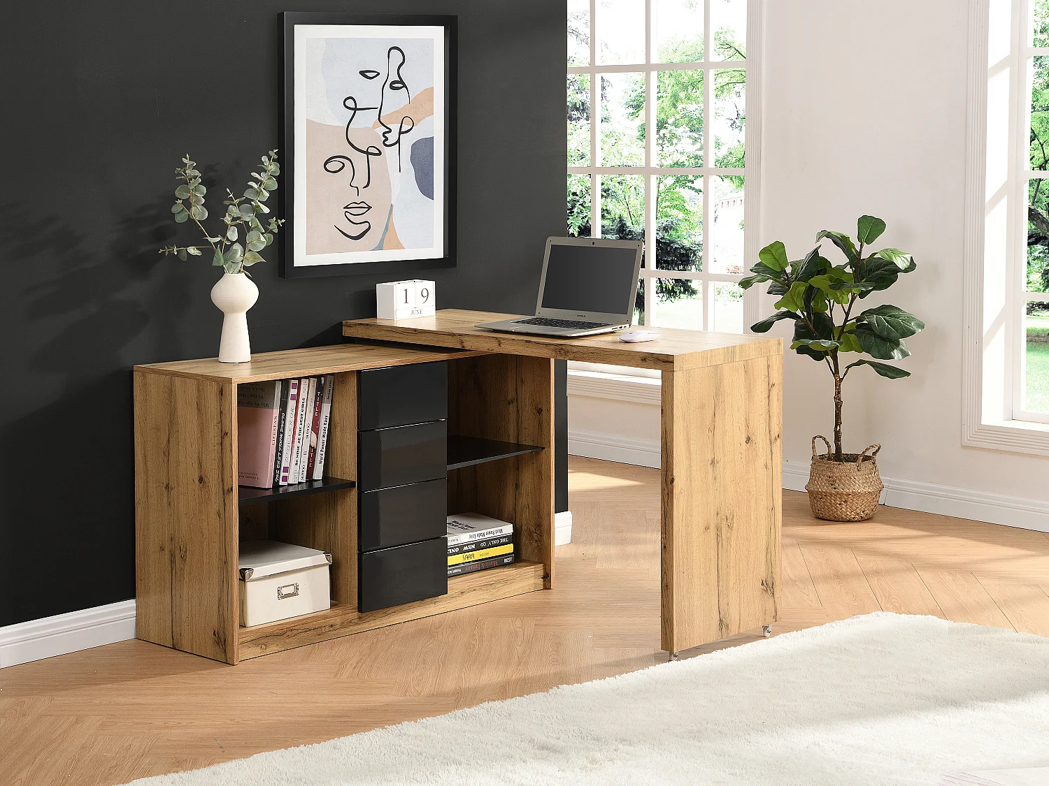 Bureau extensible avec plateau pivotant 360° - MDF - Naturel et noir - PAVELO