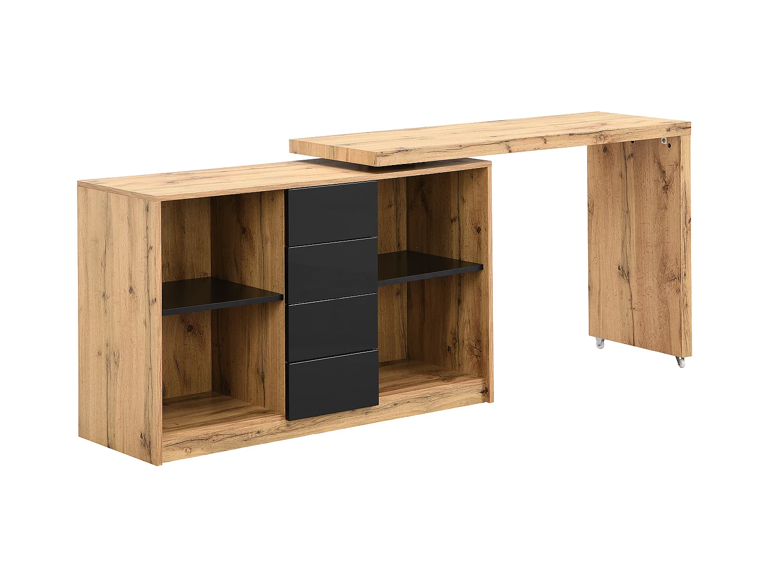 Escritorio extensible con tablero giratorio 360° - MDF - Natural y negro - PAVELO