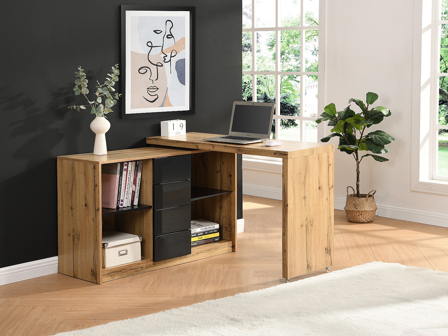 Ausziehbarer Schreibtisch mit 360° drehbarer Platte - MDF - Holzfarben & Sc günstig online kaufen