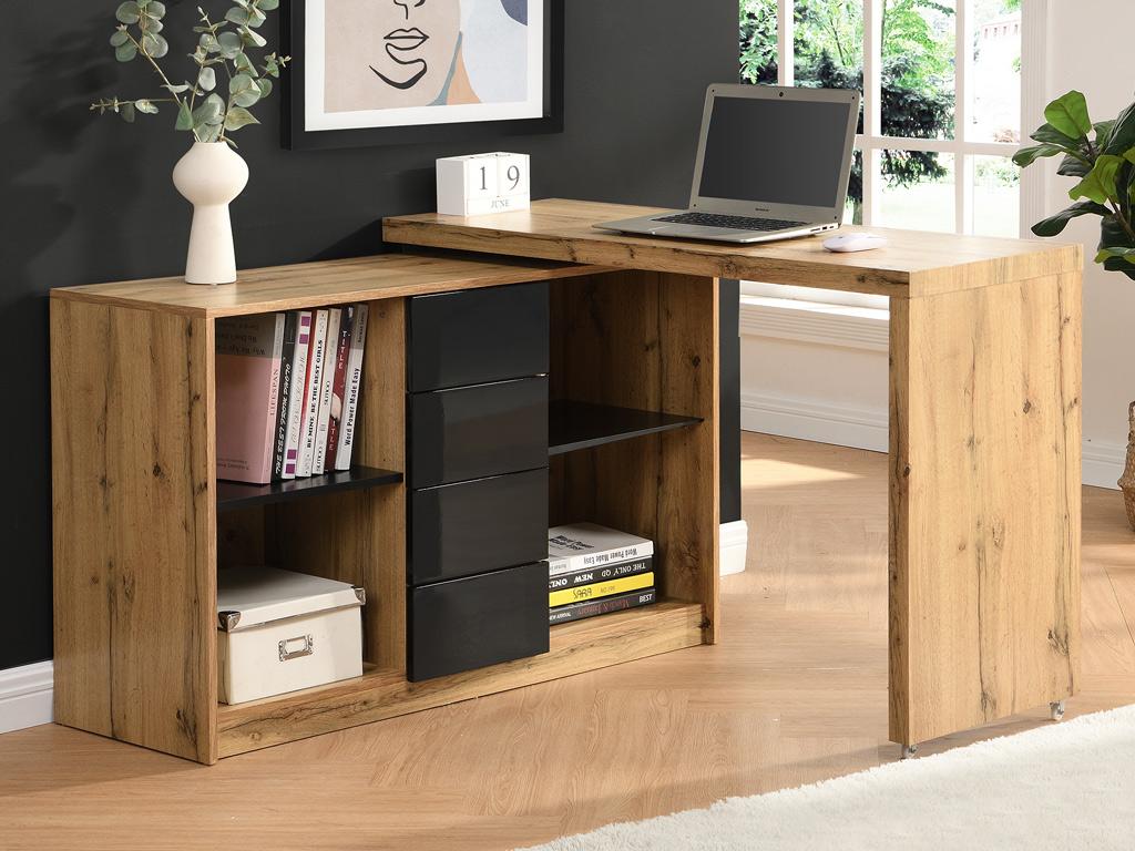 Bureau extensible avec plateau pivotant 360° - mdf - naturel et noir -  pavelo VENTE-UNIQUE