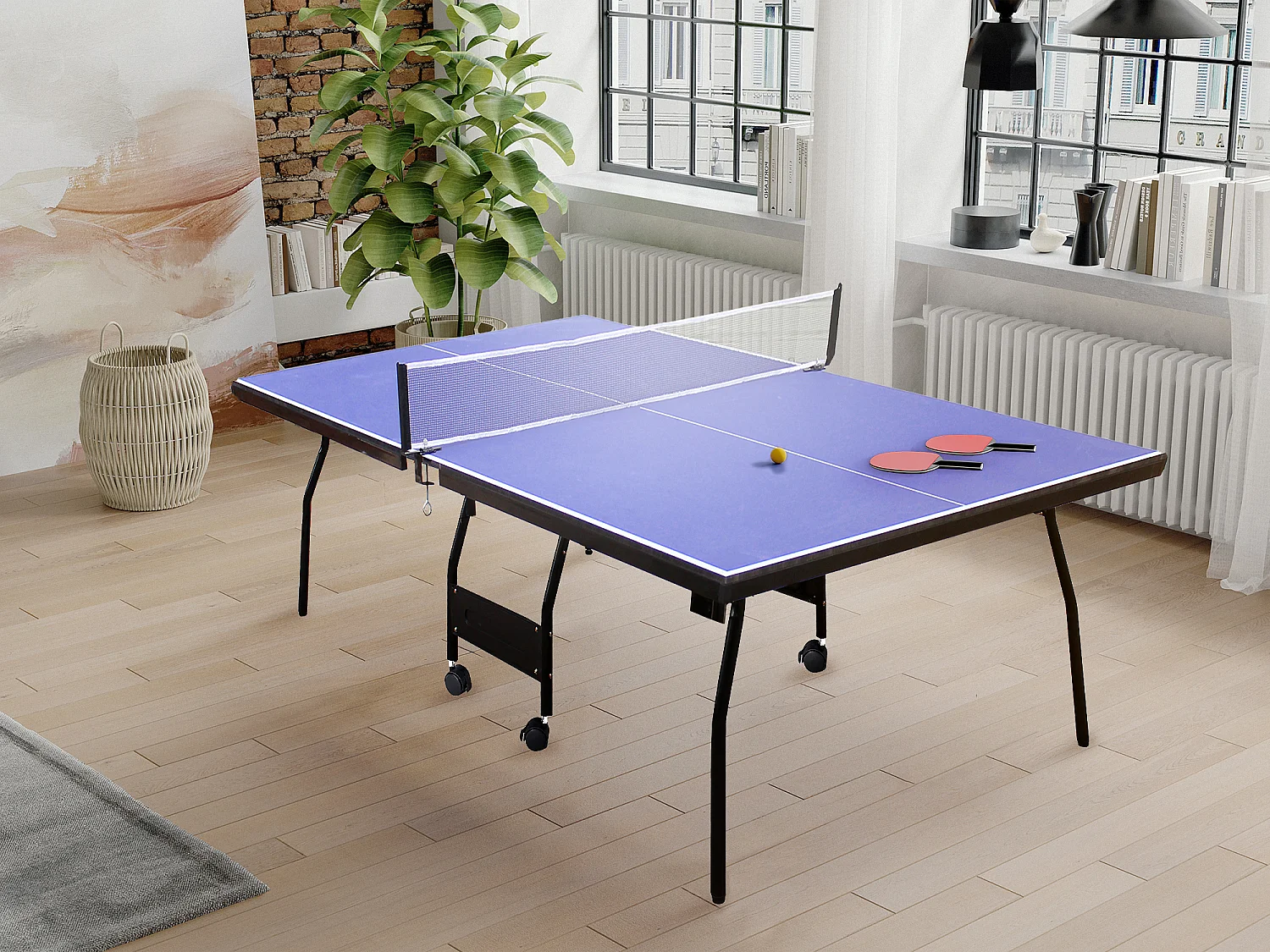 Table de ping-pong pliable à roulettes  avec accessoires - Bleu - L274 x P152.5 x H76 cm - GARRY