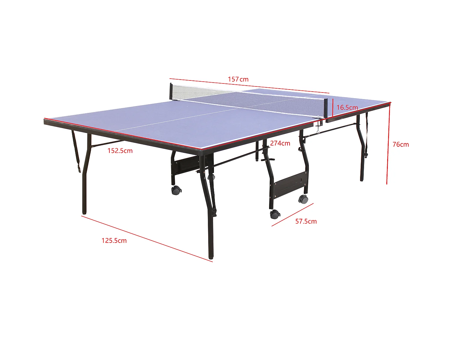 Mesa de pingue-pongue dobrável com rodas para interior com acessórios C274 x L152,5 x A76 cm - GARRY