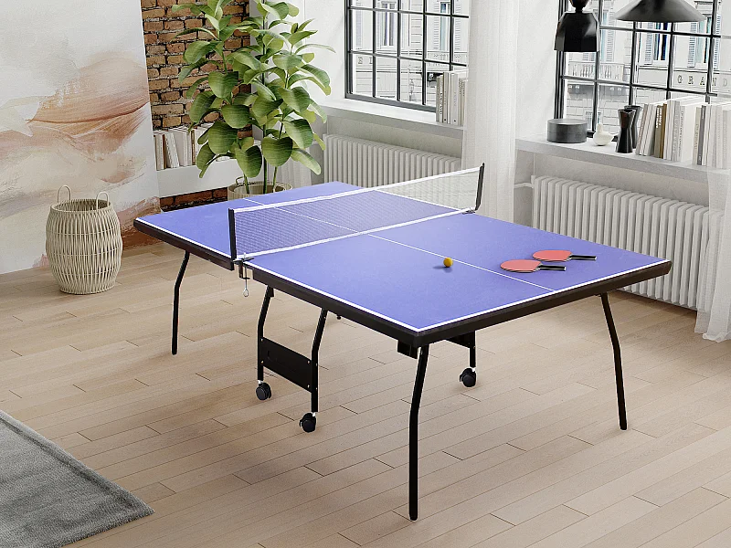 Zusammenklappbare Tischtennisplatte mit Rollen für den Innenbereich mit Zubehör - 274 x 152,5 x 76 cm - GARRY