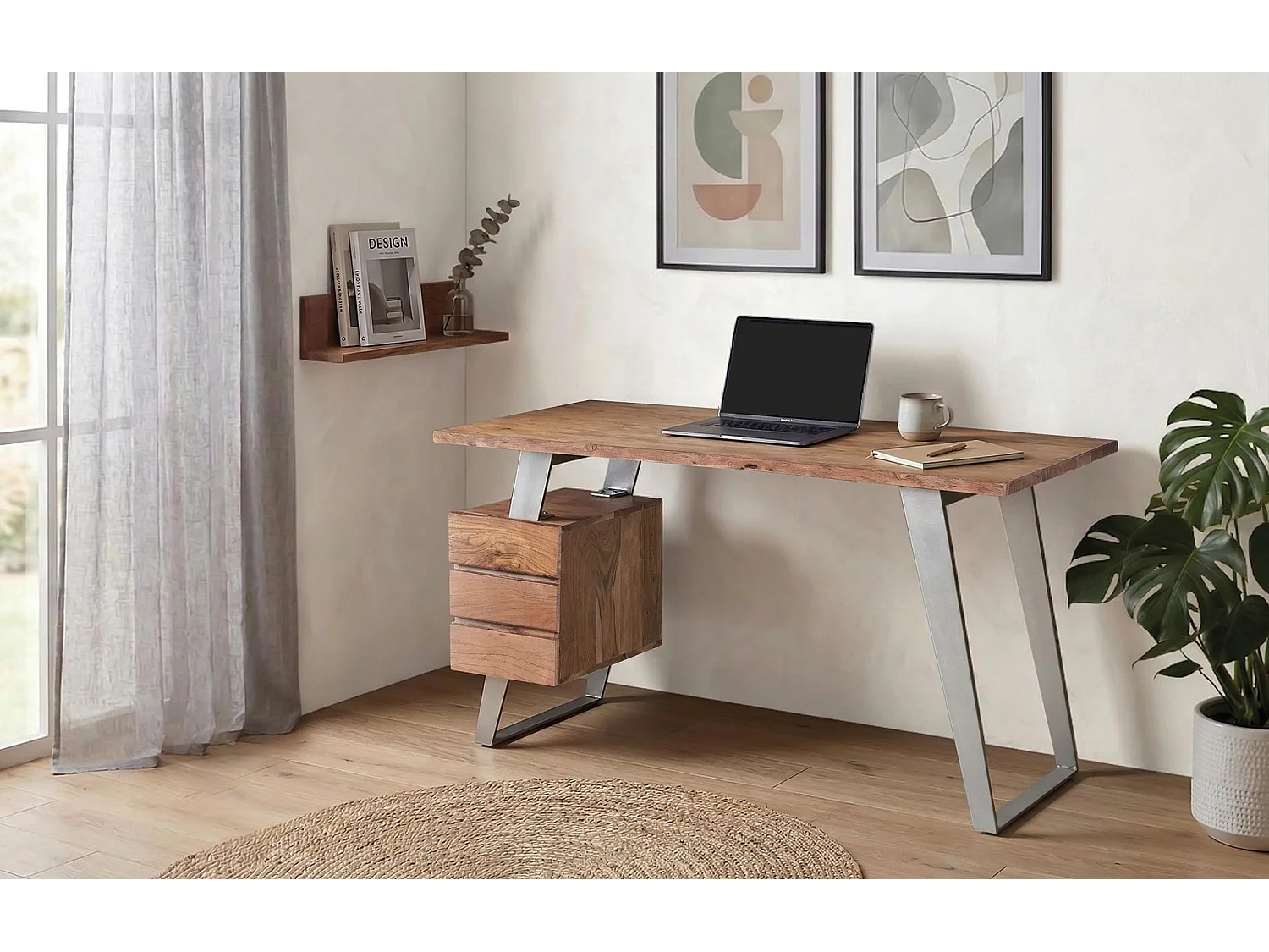 Bureau en bois d'acacia 147 cm, style rustique moderne - 80 x 147 x 63 cm
