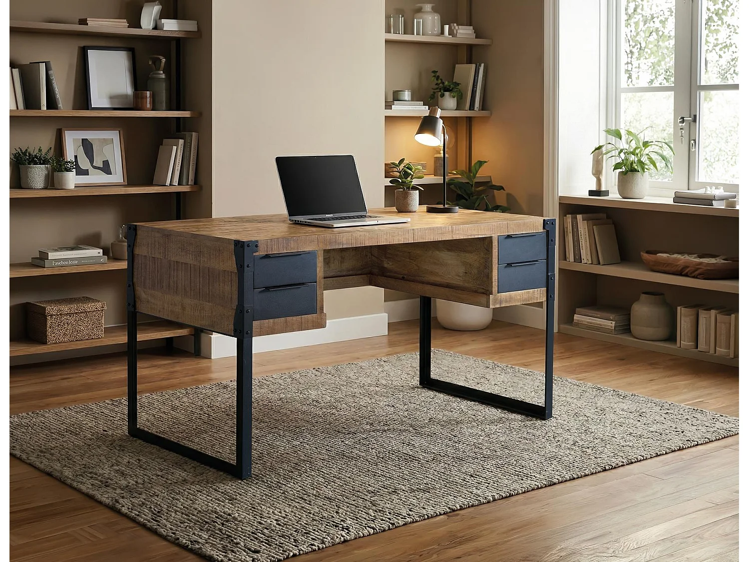 Bureau en bois de manguier 135 cm, style industriel moderne - 76 x 135 x 70 cm