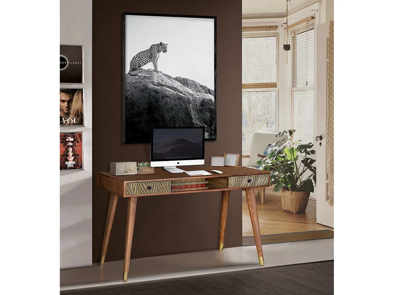 Bureau en bois de manguier 130 cm, style rétro moderne - 76 x 130 x 50 cm