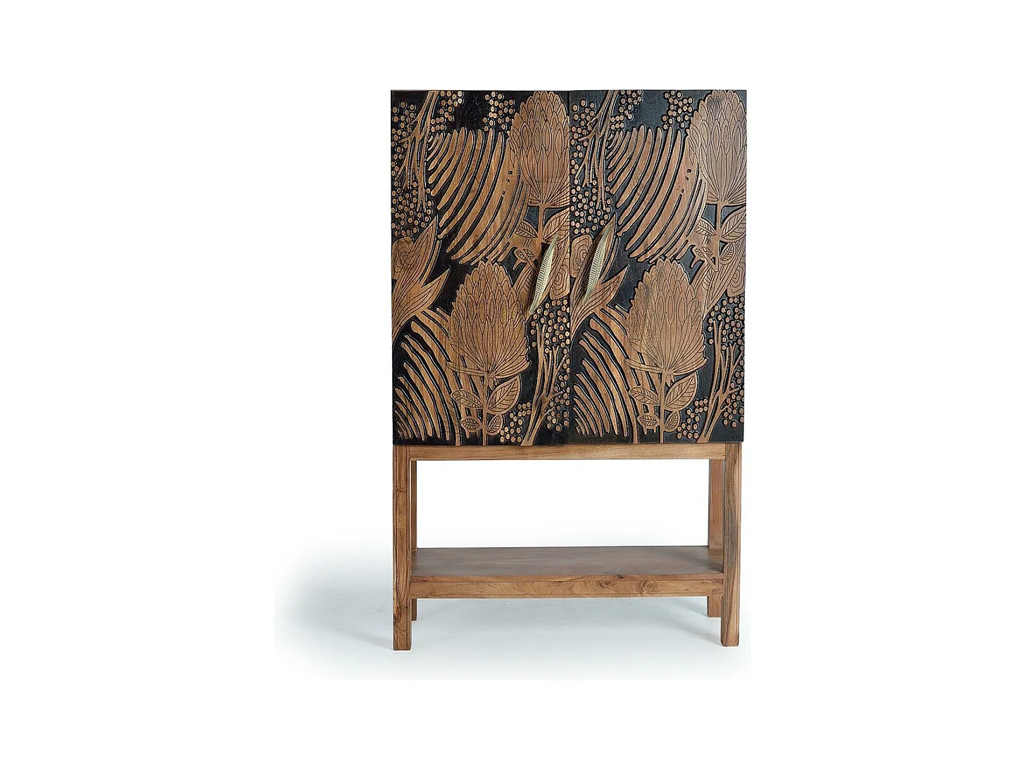 Armoire à bouteilles en bois d'acacia sculptée a main