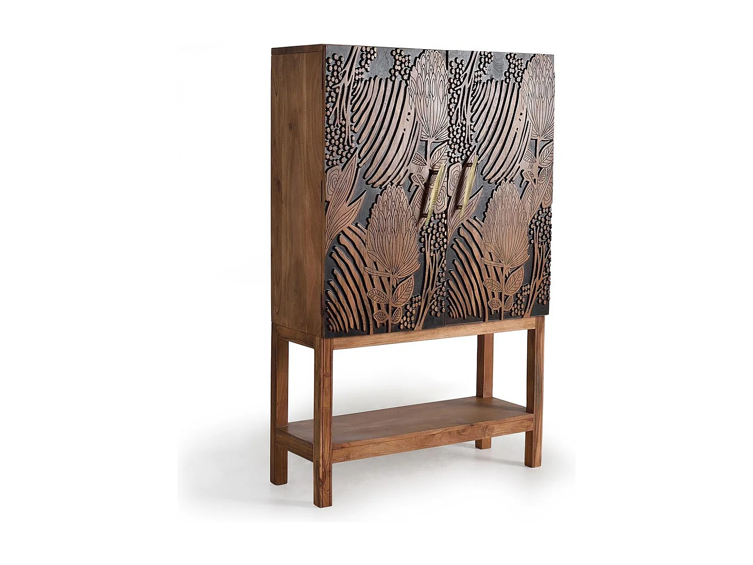 Armoire à bouteilles en bois d'acacia sculptée a main