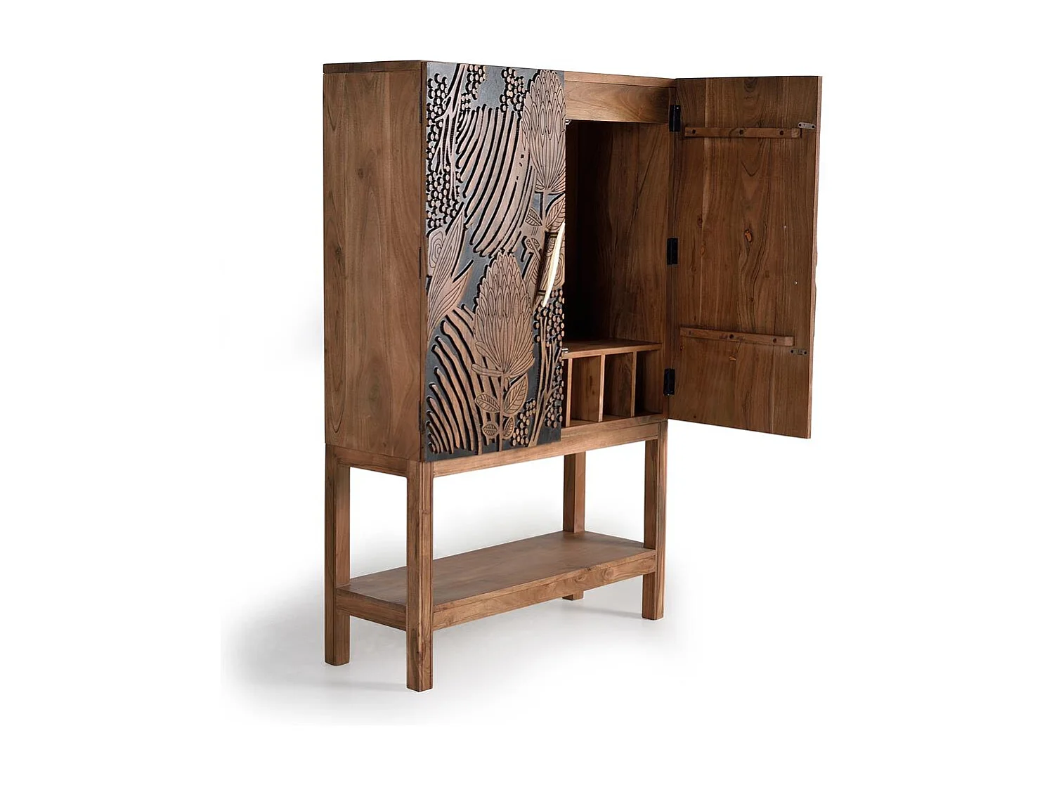 Armoire à bouteilles en bois d'acacia sculptée a main