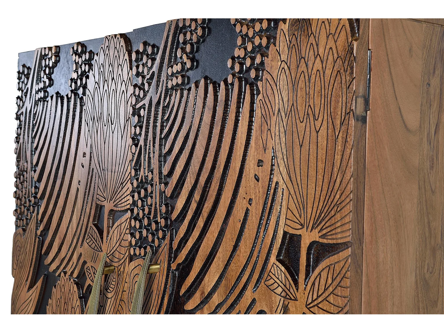 Armoire à bouteilles en bois d'acacia sculptée a main