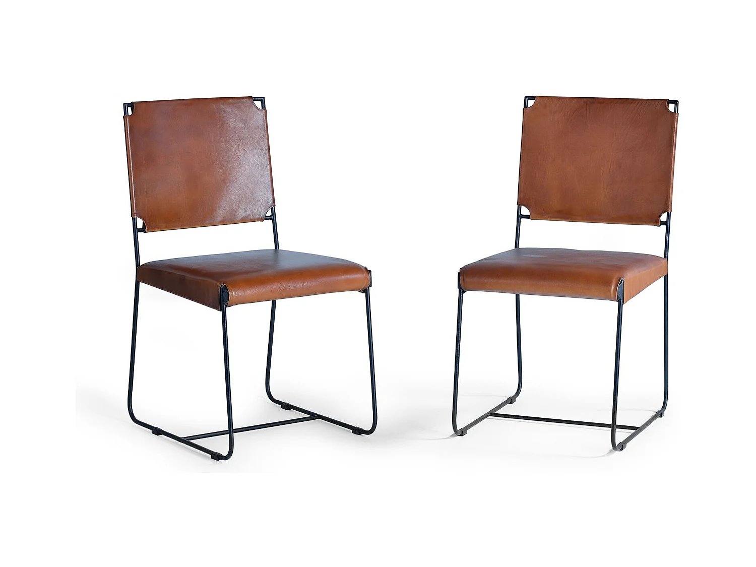 Set mit 2 Stühlen aus braunem Leder und Metall