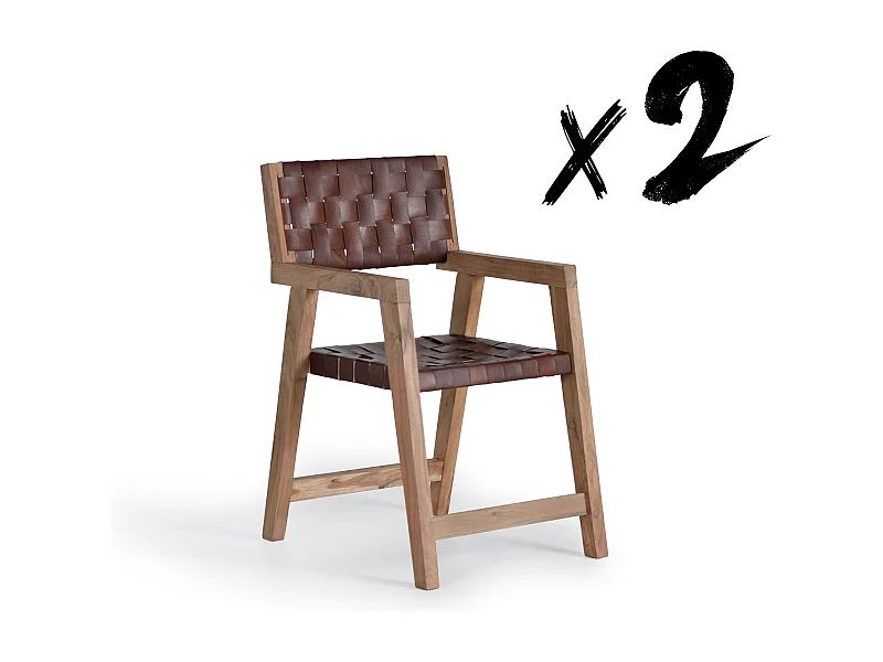 Set mit 2 Stühlen aus Naturleder und Mangoholz