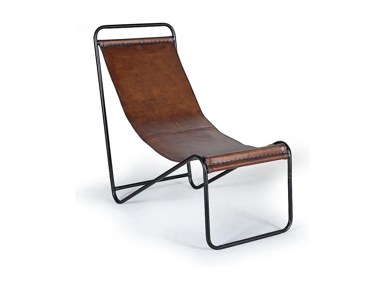 Fauteuil tapissé de cuir naturel et de métal marron