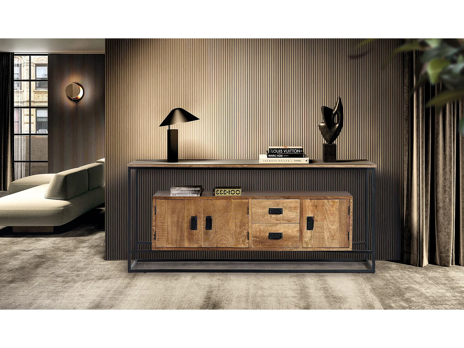 Buffet en bois de manguier, style industriel - 80 x 180 x 40