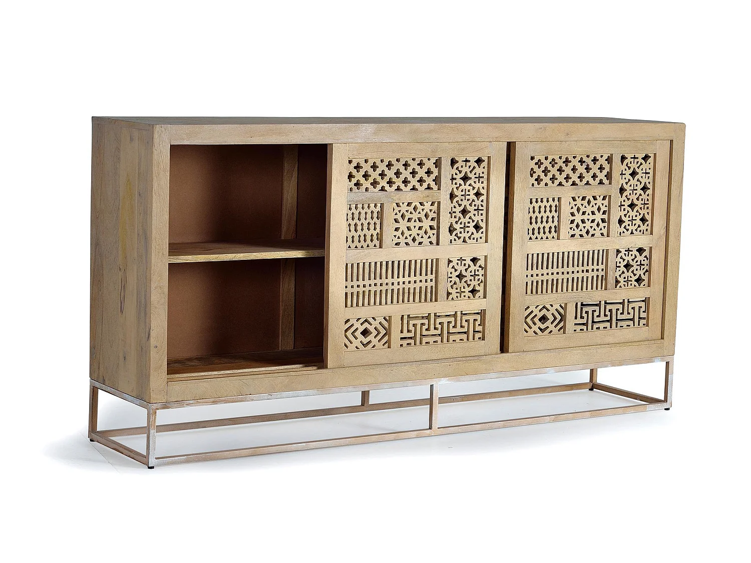Buffet en bois de manguier sculpté, style bohème - 95 x 190 x 40