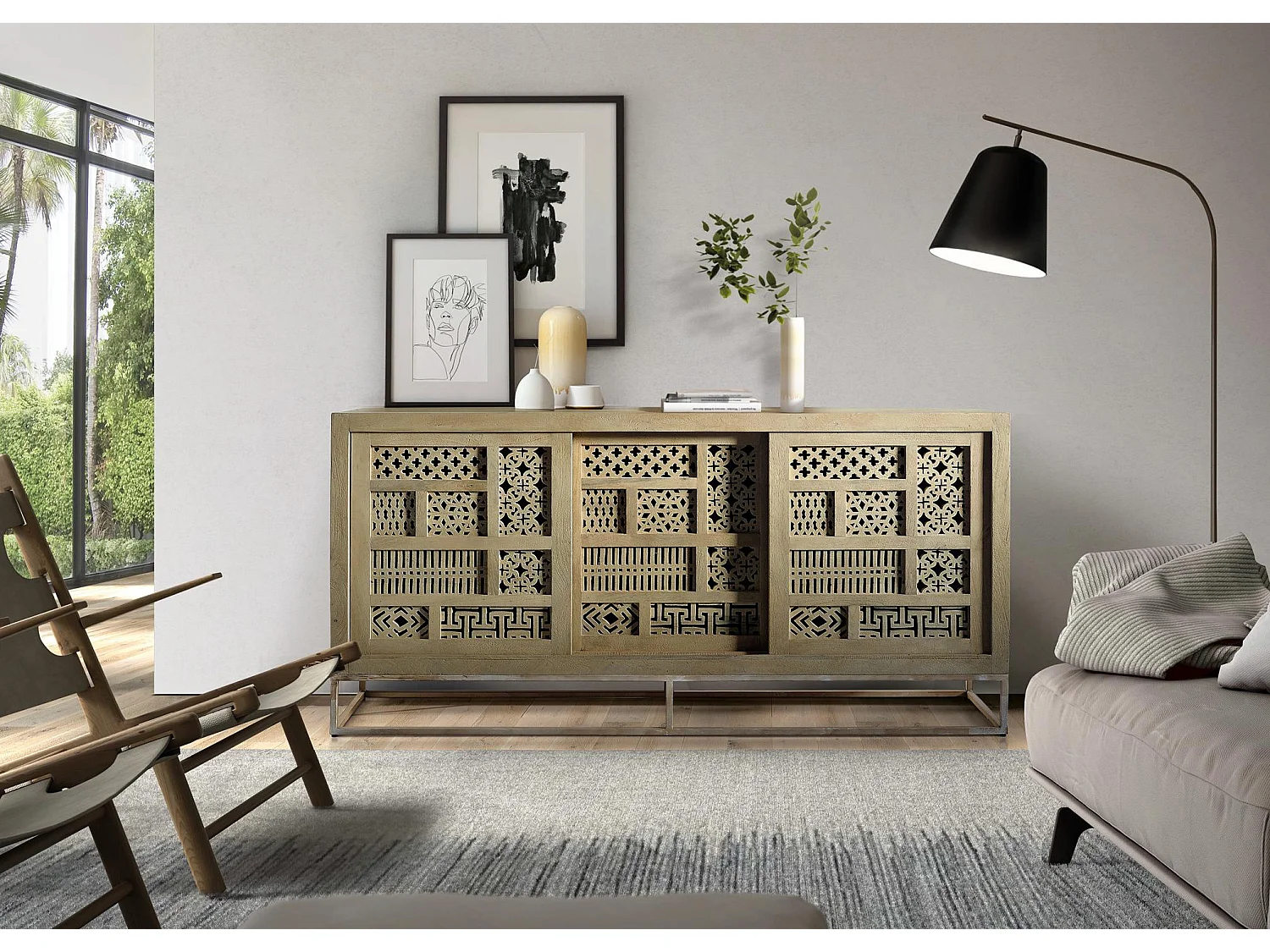 Buffet en bois de manguier sculpté, style bohème - 95 x 190 x 40