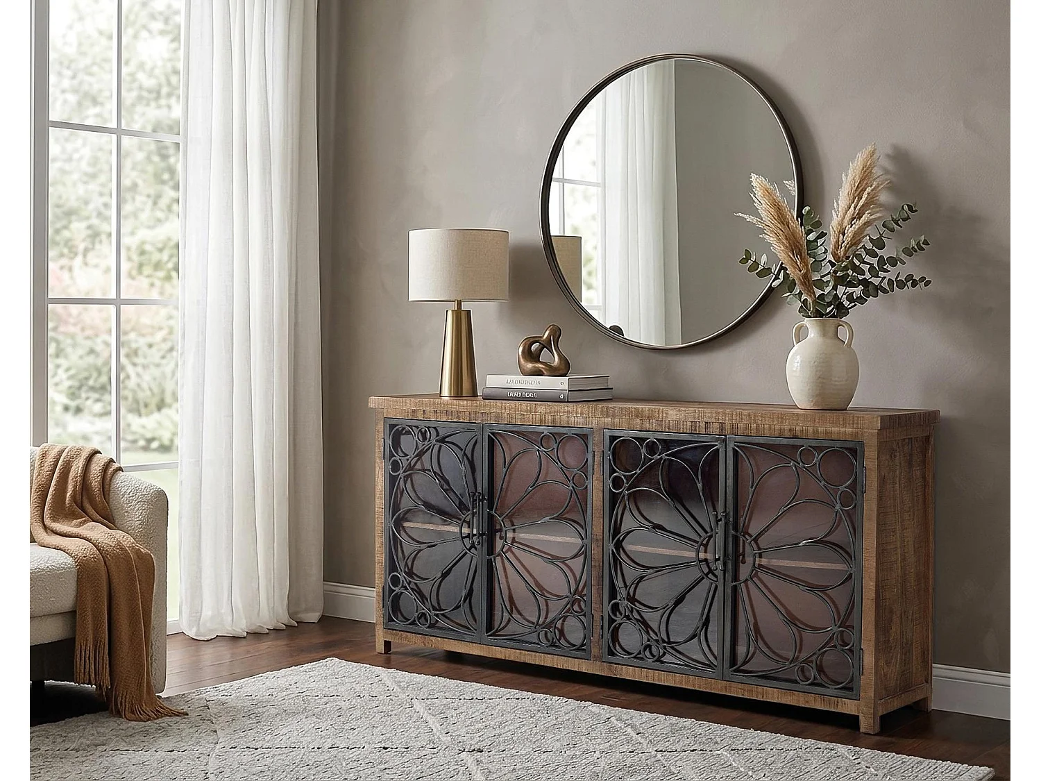 Sideboard aus Mangoholz und schwarzem Metall