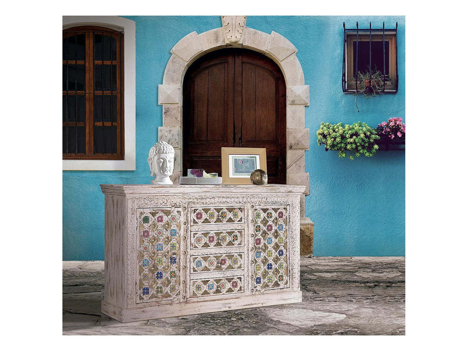 Aparador madera de mango detalles cerámica y bronce Blanco.Giner y Colomer 90x40x150